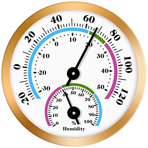 Indoor Outdoor Thermometer Wireless, Mini Thermometer Hygrometer for car, Greenhouse, Baby Room, Freezer, No Battery Required Hanging Hygrometer Round 2" in Diameter (Golden)
