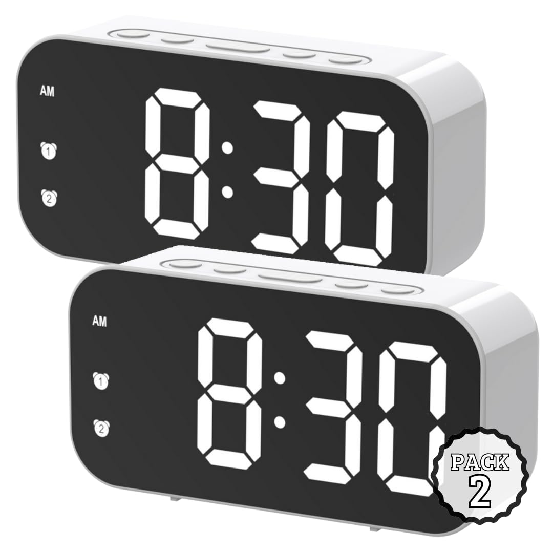 Pack de 2 – Reloj Digital Despertador con Doble Alarma, Pantalla LED Espejo HD, luz Nocturna cálida por Voz, Brillo Ajustable, Temperatura en Tiempo Real, silenciosos, Color Blanco