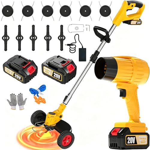 20V Cordless Weed Wacker and Leaf Blower Combo Kit with 2 Batteries Electric String Trimmers with 11 Pcs Blades for Makita Battery Grass Trimmer Lawn Mower Eater Brush Cutter Yard Garden Tool YellowC