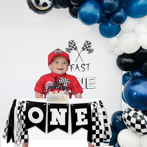 Image of Race Car Highchair Banner and Cake Topper 1st Birthday Party Decorations Black White Race Car Banner for Boys One Birthday Highchair Photo Prop Cars Theme
