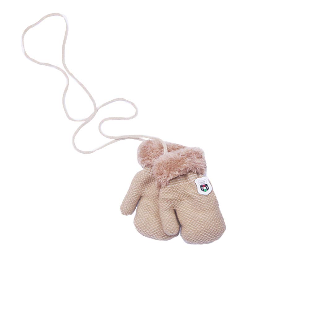 GZU Baby Knitted Gloves Winter Thicken Warm Solid Color Infant Mittens with Rope - Beige