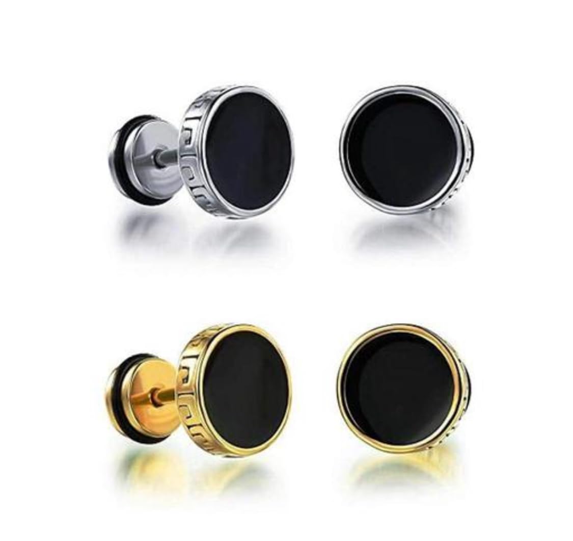 2 Pairs Combo,Earrings for Men and Boys Fashion Golden Studs | Gold Toned Black Studs | Stainless Steel Stud Earrings | Birthday Gift for Men and Boys Aniversary Gift for Husband-image-26