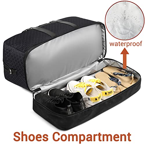 Image of Weekender Bag for Women, Large Overnight Bag Canvas Travel Duffel Bag Carry On Tote with Shoe Compartment 21 inch 3Pcs Set, A06-black+black, Large, Practical