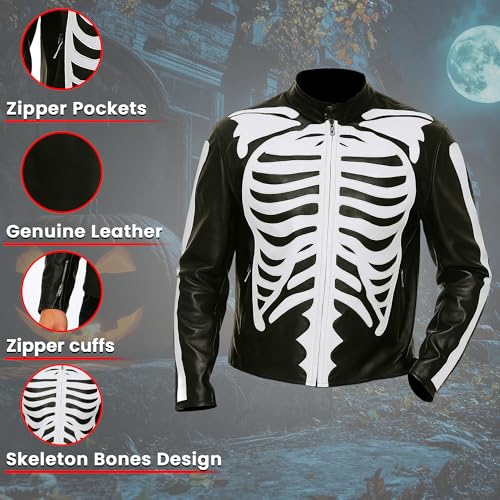 Image of Halloween Men's Black Skeleton Bone Print Leather Jacket | Theme Party Costume Cosplay Fashion Style Biker Real Leather Jacket