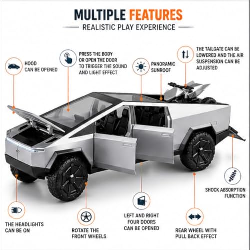 Image of PLUSPOINT Diecast Metal Tesla Toy car Cybertruck 1:24 Scale - Pull Back Alloy Simulation Vehicle with Lights & Sound, Collectible Model for Kids, Adults & Dashboard Display
