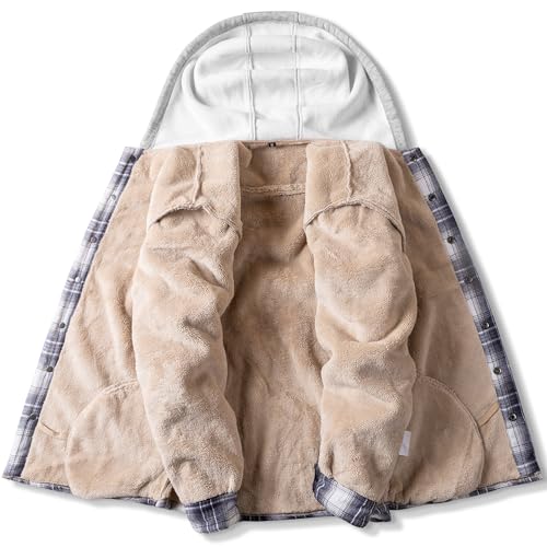 Men's Cotton Plaid Long Sleeve Shirts Jacket Fleece Lined Flannel Shirts Sherpa Button Down Coat with Hood2