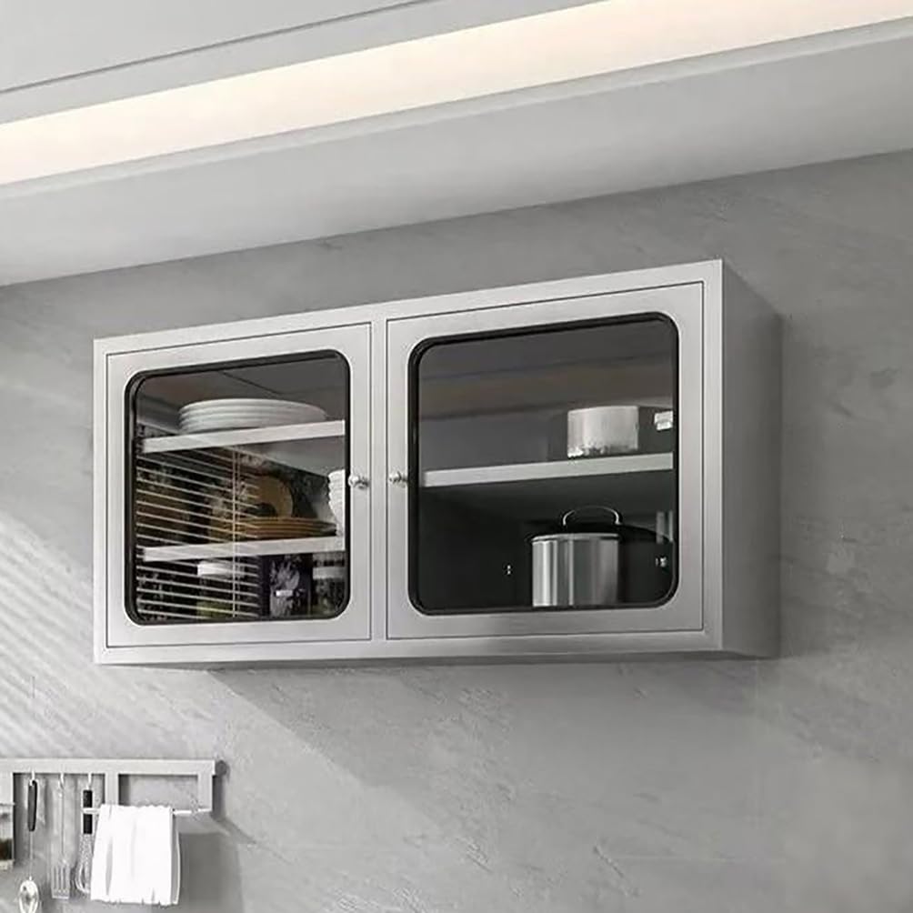 WYRNOBRX 59" Stainless Steel Double Door Storage Cabinets with Adjustable Shelves Floating Wall Cabinet for Kitchen And Bathroom Storage Silver Utility Overhead Furniture,Silver/A,L120*H60*W35