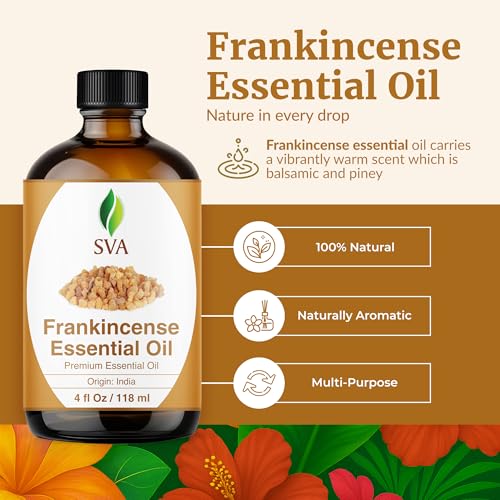 Image of SVA Frankincense Essential Oil - 4 Fl Oz - for Diffuser, Skin & Hair Care - Ideal for Massage & DIY Blends - with Dropper