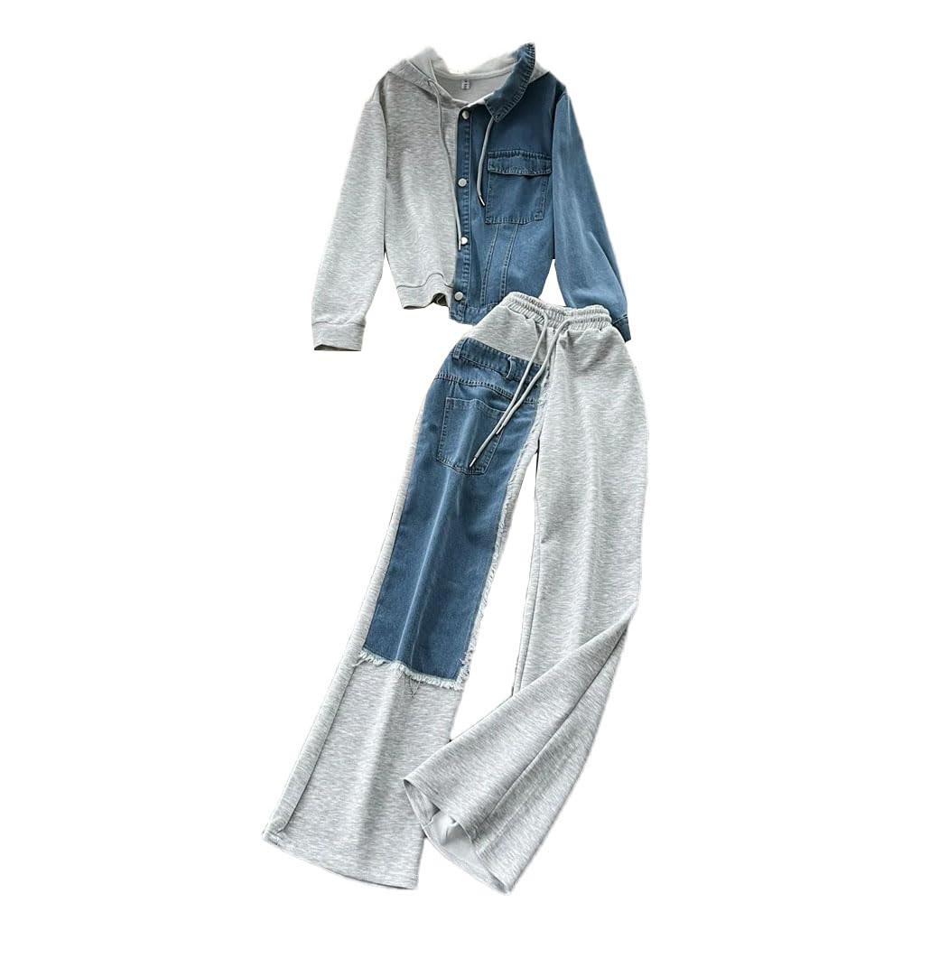 Women Pant Set with Hooded Matching Tops and Wide Leg Long Pants in Spliced Denim for 2025