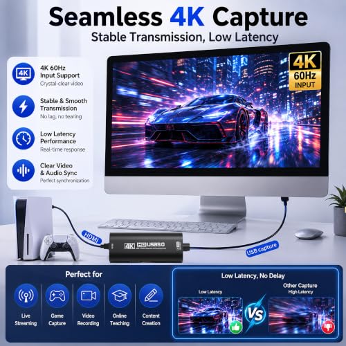 Image of Guermok 4K USB 3.0 HDMI Capture Card for Streaming with PD 100W, 4K@60FPS | 2K@120FPS HDMI to USB C /A Capture Card for Streaming, Works with Pad, Tablet, MacOS, Switch2 /1, Laptop, PC, Camera, VR, Black