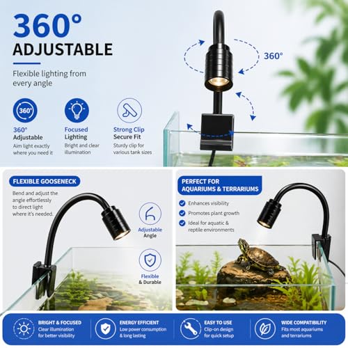 Image of VAYINATO Mini Aquarium LED Clip Spotlight (1 Pc) - Flexible Gooseneck Lamp with Controller, Adjustable Brightness, USB Powered, 3 Light Modes for Fish Tank, Terrarium, Desk & Indoor Plants