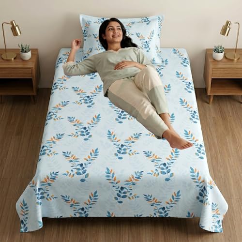 Image of Mafatlal 186 TC Metro Cotton Single Bedsheet | 90 x 60 Inch|Soft, Breathable & Lightweight | with Matching Pillow Cover| Nordic Blue