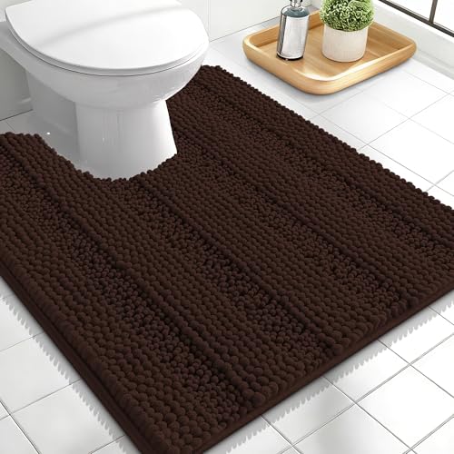 Image of OLANLY Thick Toilet Rugs U-Shaped 24x20, Extra Soft Absorbent Chenille Striped Contour Bathroom Rugs for Toilet, Dry Quickly, Machine Washable, Non-Slip Bath Mat, Brown