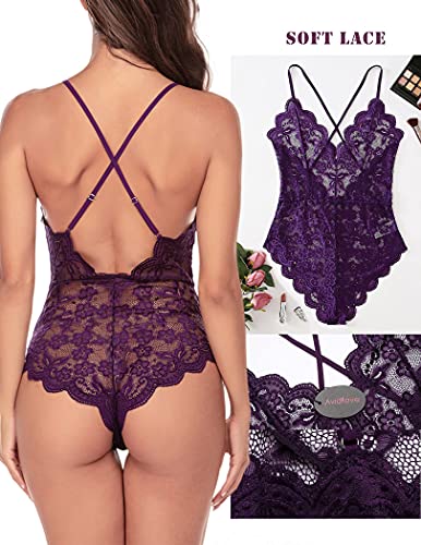Image of Avidlove Sexy Lingerie for Women Deep V Teddy Sheer Lace Bodysuit Snap Crotch One Piece Babydoll