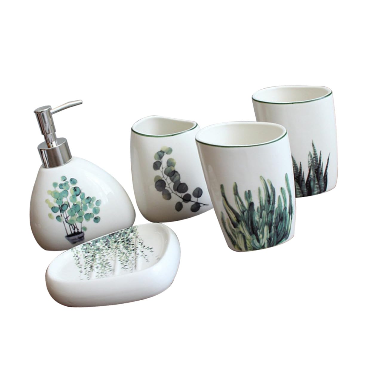 LIFKOME 5 pezzi Accessori Bagno in Ceramica Verde con Porta Spazzolini Flacone Lozione e Vassoio Sapone Superficie Liscia Facile da Pulire Resistente e Decorativo per Bagno Quotidiano