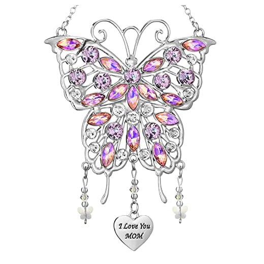 VIVIKEN Mother's Day Rhinestones Butterfly Window Decor Wind Chime Hanging Ornament Decor for Garden House, Glittering Butterfly Gifts from Son Daughter for Mom Mothers Day Birthday Christmas