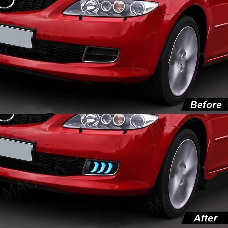 Luces circulación Diurna LED Luces diurnas LED (DRL) para Mazda 6 (2005-2009): faros antiniebla, intermitentes, luz blanca, amarilla y azul. Accesorios para coche, 12 V Conjunto luces antiniebla LED