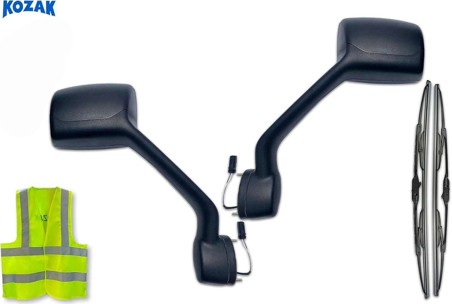 Kozak BLACK Finish Hood Mirrors Pair (Left Driver & Right Passenger Side) Compatible with Kenworth T680 2011-2021 PLUS Logo, 2x22" Windshield Wipers and KOZAK Vest