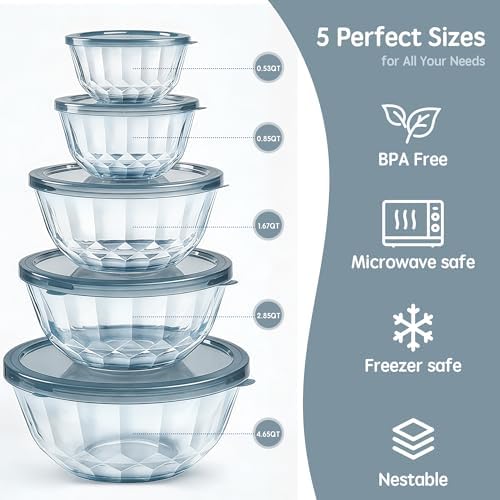 Thick Glass Mixing Bowls with Airtight Lids Set, 5-Piece Nesting Bowls for Baking & Meal Prep, BPA Free, Dishwasher Safe, 0.5/0.8/1.6/2.7/4.4 Quart - Gray - Thumbnail 2