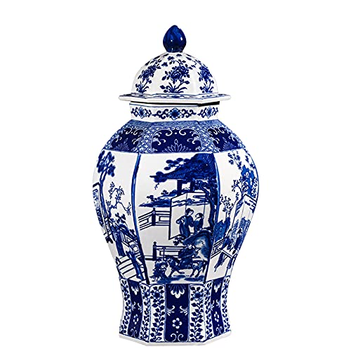Jdzjybqx Chinese Ceramic Vase Large Hexagonal Shape Blue And White Porcelain Vase With Lid With People Design For Home Decoration cover