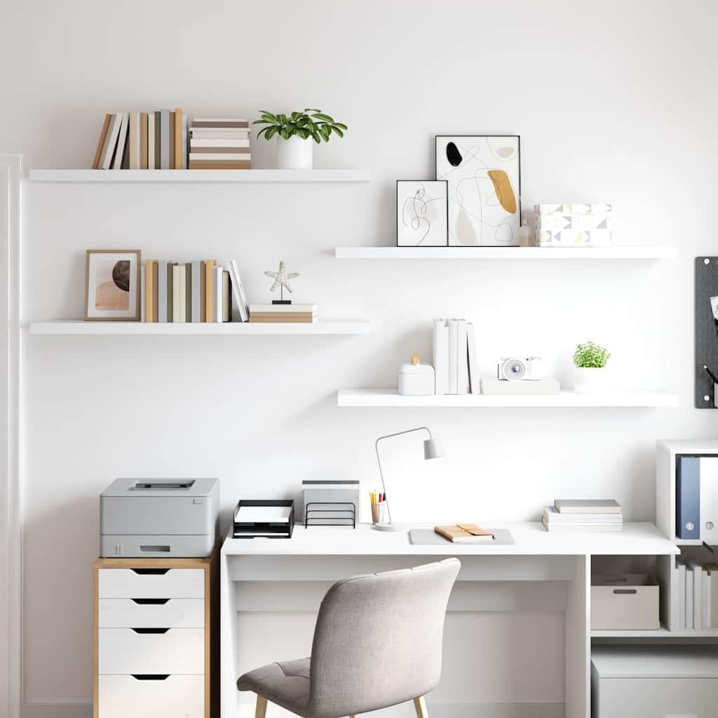 White Floating Wall Shelves Set of 4, Honeycomb MDF Wood, 9.3x47.2x1.5in, Modern Ledge Display for Living Room, Bedroom, Bathroom Decor, 22lb Capacity