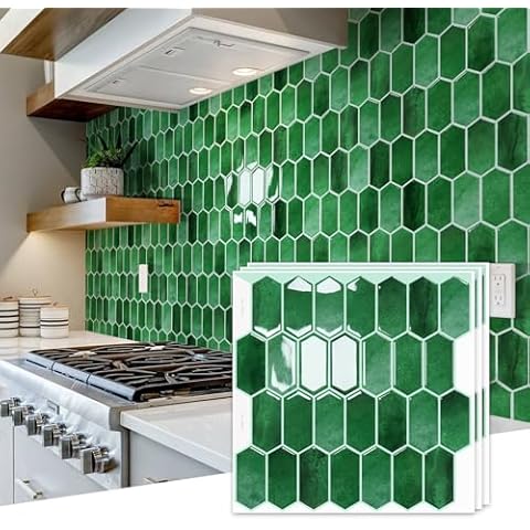 Vamos Tile 10-Sheet Peel and Stick Backsplash Kitchen Tile - Long Hexagon Self Adhesive Wall Tile Stick On Backsplash Tiles Sticker for Bathroom RV Fireplace, 12"x12" Green Cover