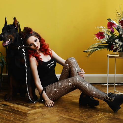 Image of Fourluoo 3 Pcs Rhinestone Fishnet Tights High Waist Rhinestone Stockings Leggings for Women Dress Black Mesh Sparkly Pantyhose