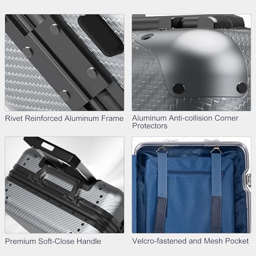 20 Inch Full Aluminum Body Luggage, All Aluminum Suitcase, 22x4x9 Inch Aluminium Luggage Carry On Weaving Texture Surface Hard Shell Body Large Suitcase with TSA Locks (Silver, 20 inch4