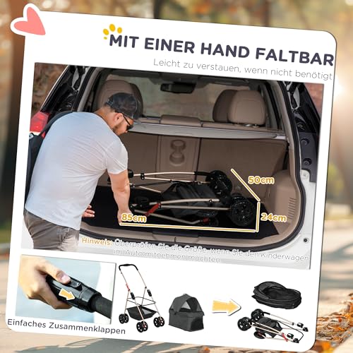 PawHut Hundewagen 3 in 1 Hundebuggy klappbar für Hunde & Katzen bis 4 kg Katzenbuggy mit Kissen Netzfenstern Getränkehalter Aufbewahrungskorb Katzenwagen Buggy Grau