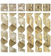 MEEDEE Christmas Ribbon 2.5 Inch 6 Rolls 36 Yards Gold White Burlap Ribbon Wired Ribbon Assortmen...