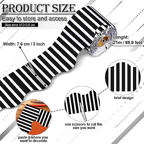 69 Feet Scalloped Rolled Trim Border Black and White Stripe Rolled
