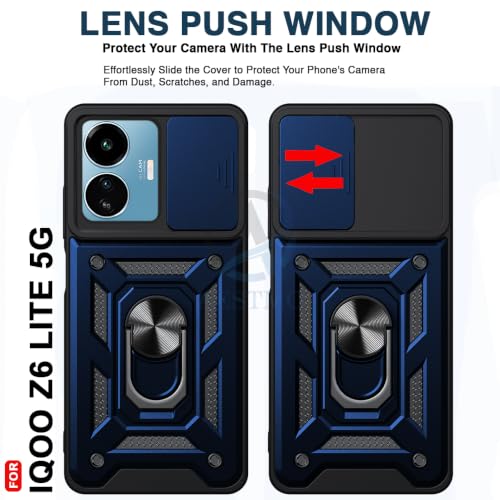 Image of AESTMO Tough Armor iQOO Z6 Lite 5G Bumper Back Case Cover | Ring Holder & Sliding Camera Shield Cover | 360 Degree Protection Back Case Cover for iQOO Z6 Lite 5G (Blue)