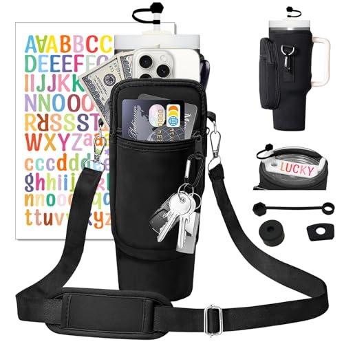 Adoryoung Cup Carrier Holder Bag with Stanley Strap, Metal Hook Loop, Stickers Cup Cover Tumbler Accessories for 40 oz Stanley, Water Bottle Pouch Holder Sling Crossbody Bag with Strap Walking (Black)