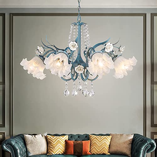 Zalord Art Deco Chandelier For Living Room Vintage Glass Flower Chandelier Ceramic Rose K9 Crystal Antique Chandelier Adjustable Height European Farmhouse Chandelier For Dining Room Bedroom #TOP1