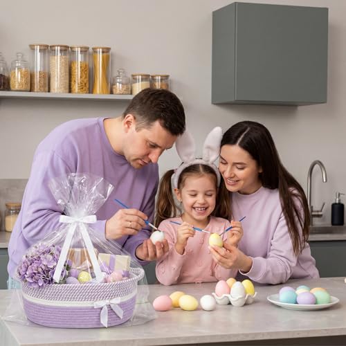 Image of Colingmill 1 Set Woven Basket for Gift Empty with Cellophane Wrap Set 14 x 10 x 5.5 Inch, Medium Decorative Gift Basket Empty to Fill, Cotton Rope Storage Box Decor (Light Purple White)