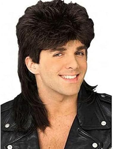 Swiking Mens Mullet Wig Black Retro 70s 80s Disco Rocker Curly Punk Fancy Party Halloween Cosplay Costume Replacement Wigs Unisex Full Wigs for Women(Black)