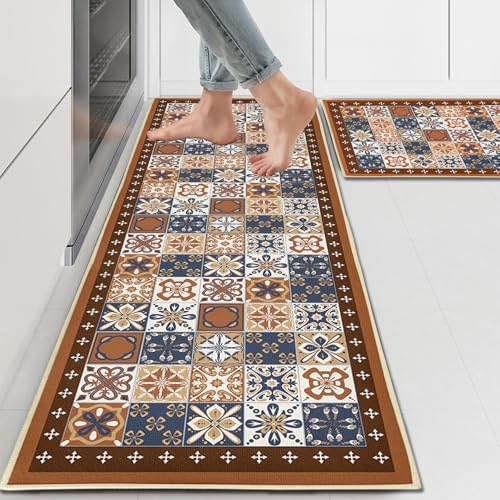 PQCXXA Juego de 2 alfombras de cocina lavables de goma, para absorber agua y aceite, para cocina, lavandería, salón (A03, 40 x 120 cm + 40 x 60 cm)