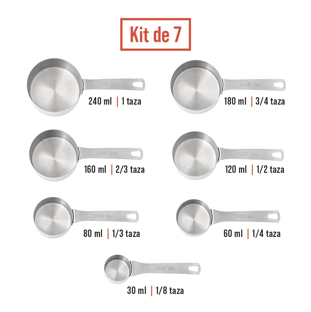 Chef Pomodoro Tazas Medidoras Cocina - Juego de 7 Piezas Medidores de Cocina Acero Inoxidable Apilables con Mango Largo y Resistente - Cucharas Medidoras para Ingredientes Húmedos y Secos