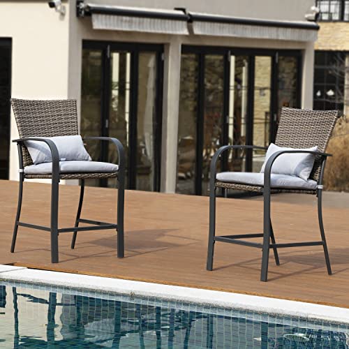 Olmia Patio Bar Stools Set 0F 4, 4 Piece Wicker Rattan Bar Stool Outside Bar Stools With Gray Cushions And Pillows, Brown Wicker Bar Height Outdoor Chairs With Foot-Rest - Steel Frame #TOP1