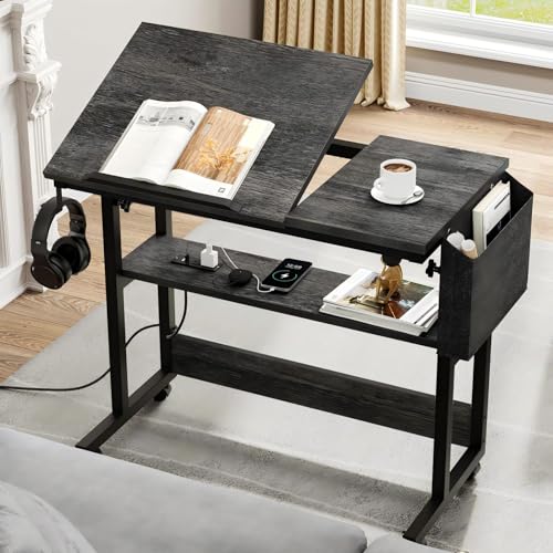 Image of YITAHOME Height Adjustable Table with Charging Station, Portable Desk with Wheels, Small Standing Rolling Computer Desk with Tiltable Tabletop and Storage Bag, Grey