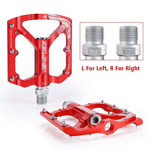 MatyKit S Shape Mountain Bike Pedals of Lightweight, Specialized 9/16" UD Bearings Ultra Strong Colorful CNC Machined Alloy Bicycle Non-Slip Pedal, Anodizing Sealed 3 Bearing Cycling Pedals (Red)