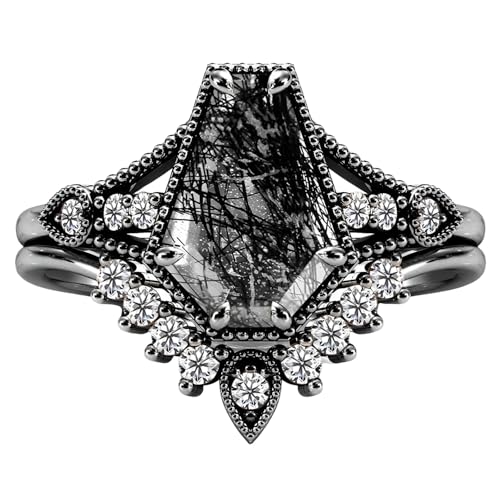 AAA Nature Black Rutilated Quartz Engagement Rings Set for Women Oval/Coffin/Hexagon/Kite/Pear/Round Cut Black Rutilated Quartz 925 Silver 10K/14K/18K Gold Leaf Bridal Wedding Band Jewelry Gifts