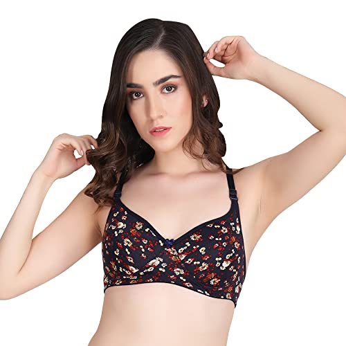 Image of Women Padded Printed Bra - Made of Pure Cotton Full Coverage Non Wired Seamless Pushup Soft Cup for T-Shirt Saree Dress Sports Garment for Daily Use Everyday Black