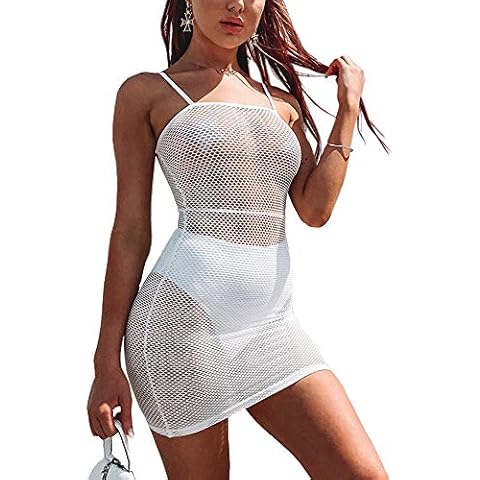 just quella Mesh Dress Women Sexy Fishnet Beach Dress Spaghetti Strap Bodycon Mini Club Dress - white - Small Cover
