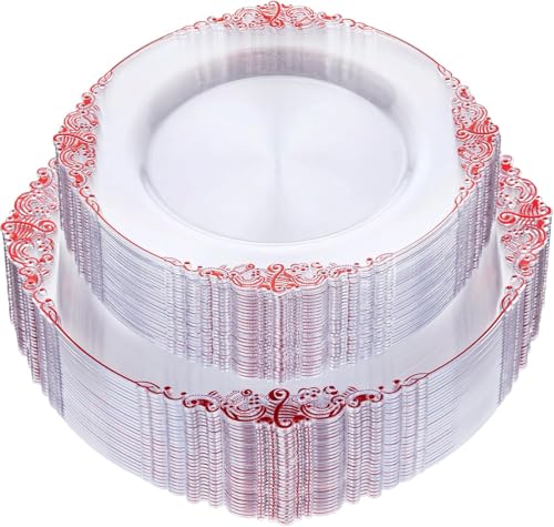 Nervure 100PCS Clear and Red Plastic Plates - Clear Red Disposable Plates Set, 50PCS 10.25" Dinner Plate & 50PCS 7.5" Dessert Plate Perfect for Wedding & Party