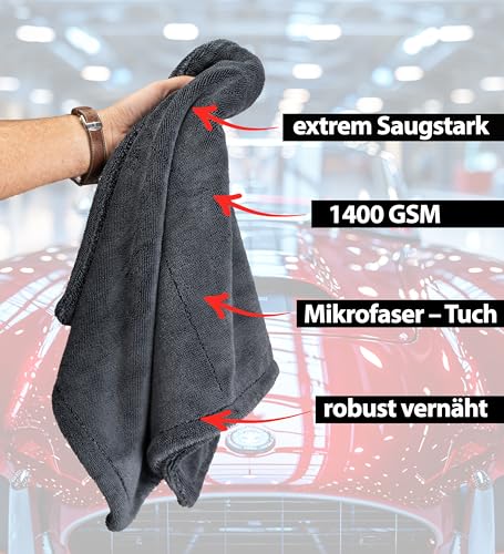 Kemes Ściereczki z mikrofibry do samochodu, XXL, ultra chłonne, o gramaturze 1400 g/m², szara, 50 x 80 cm, wysokiej jakości ściereczka do wycierania z mikrofibry, odporna na zarysowania, 5-krotna,