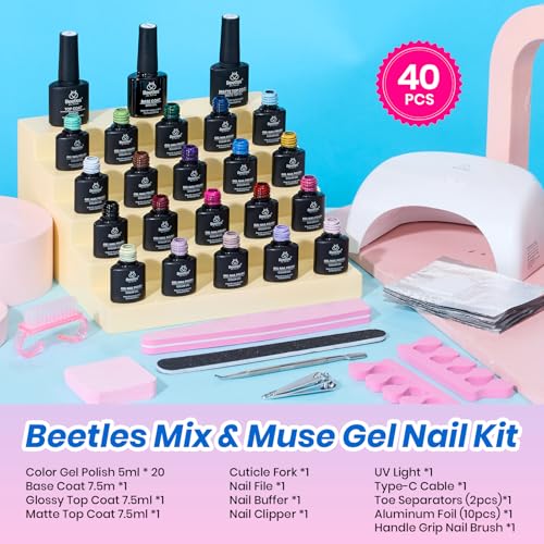 Image of Beetles Deal Box Gel Nail Polish Kit with U V Light - 20 Colors Gel Polish 40 Pcs Mix & Muse Nail Kit with TPO & HEMA Free Base and Top Coat DIY Nails Supplies Home Salon Manicure Set Gifts for Women