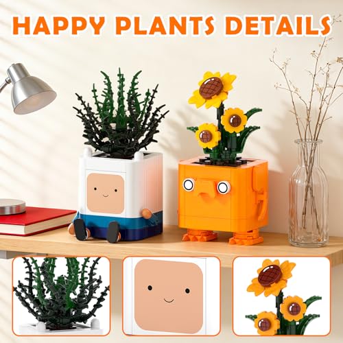Image of Happy Emotional Plants Botanical Building Blocks Set, Sunflower Plant Compatible with Lego Botanical Set, Succulents Desk Decor for Bedroom Office, Christmas Stocking Stuffers Toy Gift for Kids Adults