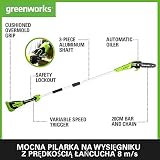 Greenworks G40PSFK2 Akumulatorowa Pilarka na Wysięgniku, Ostrze 20cm Szybkość Cięcia 8m/s 3,64 kg, Automatyczna Olejarka, Zbiornik Oleju 80ml, Zasięg 2.58m, Bateria 40V 2Ah i Ładowarka