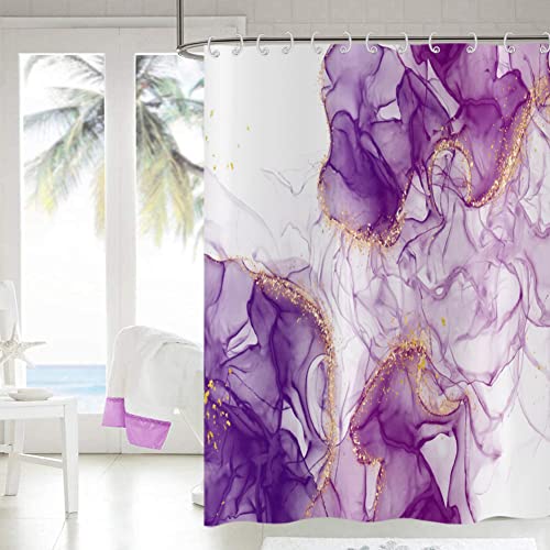 GCIREC Purple Shower Curtain, Extra Long Lavender White Mixed Gold Ink Art Painting Shower Curtains Modern Marble Luxury Bathroom Curtain Bathtub Decor Waterproof Fabric Machine Washable with 12 Hooks